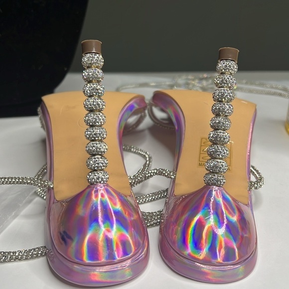 Wrap Around Sz 7.5 Soft Crystal Embossed Wraparound Pink Purple Metallic Heels - Picture 16 of 16